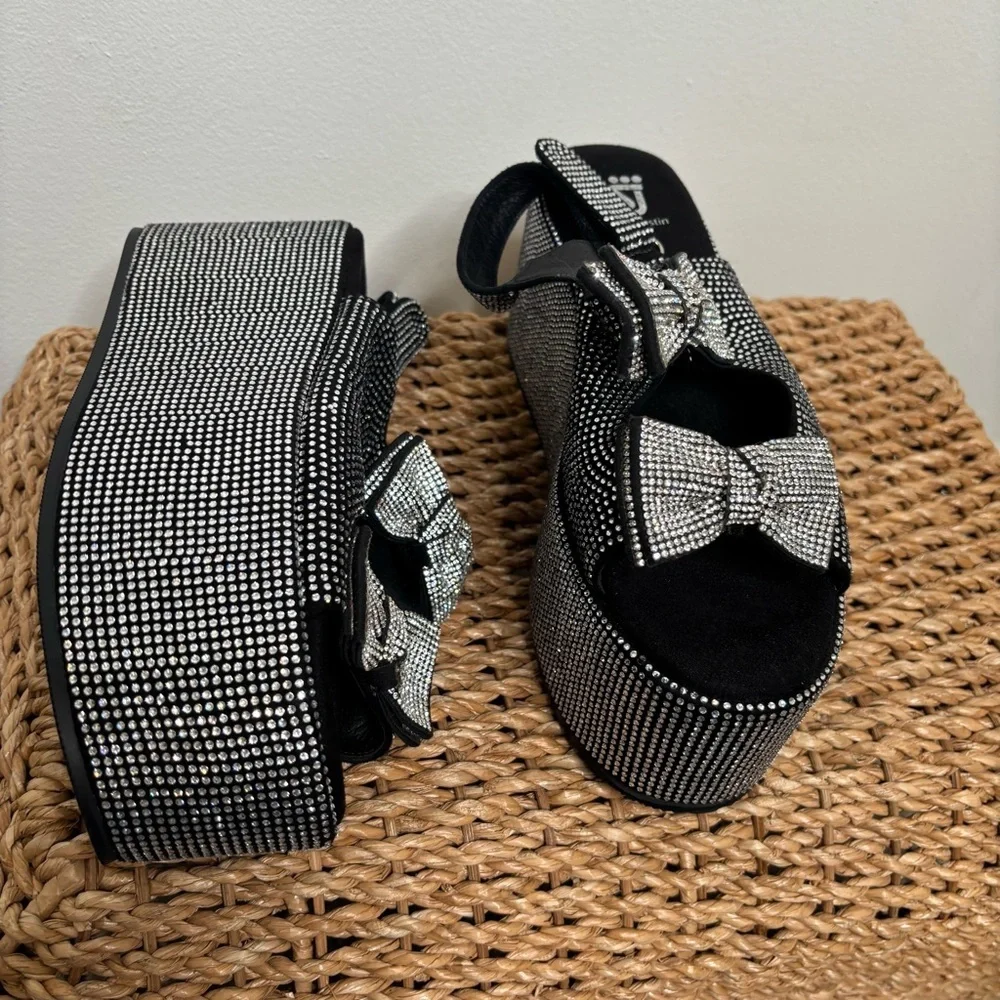 Platform Wedge Sandals with Bow Accent - Black Crystal